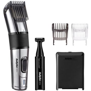 Babyliss Mașină de tuns BaByliss E977E cu fir/fara fir, timp de funcționare 75 de minute, lama din titan, Argintiu/Negru