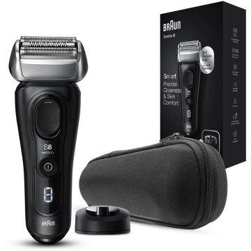 BRAUN Aparat de ras electric Braun Series 8 8410s Wet&Dry, 30.000 de actiuni de taiere, 4 elemente de taiere, SensoFlex, AutoSense, Suport de incarcare, Trusa de voiaj, Negru