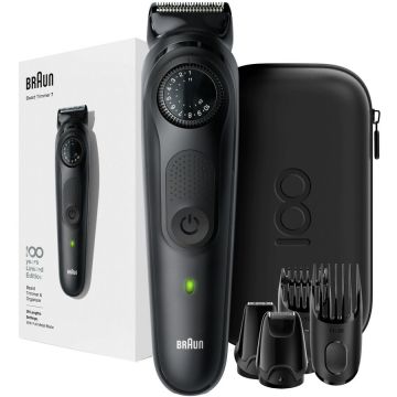 BRAUN Aparat de tuns barba Braun Beard Trimmer MBBT7 Max Braun 100 years Design Edition, cu buton rotativ de precizie, 2 piepteni, 2 accesorii, Negru