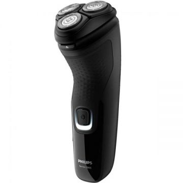 Philips Aparat de barbierit electric Philips Seria1000 S1232/41, Uscat, Lame PowerCut Blade, Capete 4D Flex, 40+ min autonomie / 8h incarcare, 1 LED, Cap tuns precizie, Baterie NiMH, Negru