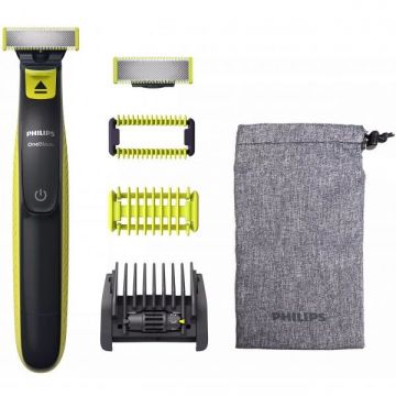 Philips Aparat hibrid de barbierit si tuns barba Philips OneBlade Face&Body QP2821/20, pieptene reglabil 5 in 1, autonomie 45 min, Negru/Verde
