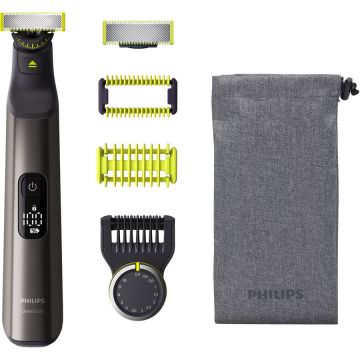 Philips Aparat hibrid de barbierit, tuns barba si parul corporal Philips OneBlade Pro QP6551/30, pieptene cu 14 lungimi, lama inovatoare 360 cu 2 taisuri, afisaj digital LED, pieptene corp, reincarcabil, autonomie 120 min, umed si uscat, husa, Crom