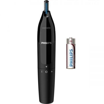 Philips Trimmer pentru nas/urechi Philips NT1650/16, baterie, lavabil, tehnologie Precision Trim, otel inoxidabil, Negru
