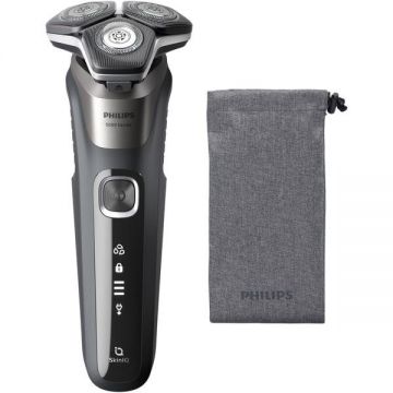 Philips Aparat de barbierit Philips Shaver Seria 5000 S5887/10, barbierit umed/uscat, tehnologie SkinIQ, fara fir, capete flexibile 360°, display LED, senzor Power Adapt, lame auto-ascutire, lama de tuns integrata, 60 min, husa, Gri