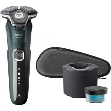 Aparat de barbierit Philips Shaver Seria 5000 S5884/50, barbierit umed/uscat, tehnologie SkinIQ, fara fir, capete flexibile 360°, display LED, senzor Power Adapt, lame auto-ascutire, lama tuns integrata, 60 min, toc de transport, Verde