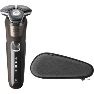 Aparat de barbierit Philips Shaver Seria 5000 S5886/30, barbierit umed si uscat, tehnologie SkinIQ, fara fir, capete flexibile 360°, display LED, senzor Power Adapt, lame auto-ascutire, lama de tuns integrata, 60 min, toc transport (Maro)