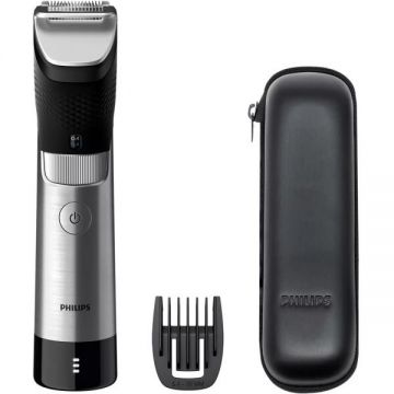 Philips Aparat de tuns barba Philips Prestige BT9810/15, 30 de setari, 0.4-10 mm, tehnologie SteelPrecision, lame 100% metal, senzor PowerAdapt, rezistent la apa, toc de transport, Negru/Metalic