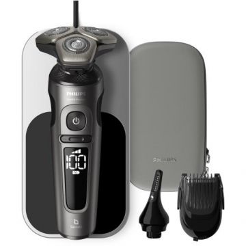 Aparat de barbierit Philips Shaver Seria 9000 Prestige SP9872/15, Umed si uscat, Tehnologie SkinIQ, Capete Ultraflex, Senzor Smart Hair, Lame NanoTech, Autonomie 60 min, Incarcare Wireless, Suport de incarcare, Toc de transport premium (Gri)
