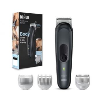 Aparat de ingrijire corporala Braun BG3340 cu Tehnologie Skinshield, 2 piepteni ficsi, 1 pieptene pentru zone sensibile, 1 incarcator (Negru/Gri)