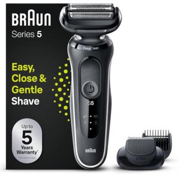 Aparat de ras electric Braun 51-W1500s, Autonomie 50 minute, 3 lame flexibile, Sistem EasyClean, Wet & Dry (Alb)