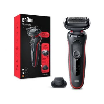 Aparat de ras electric Braun Series 5 51-R1200s Wet&Dry, AutoSense, Easy Clean, Easy Click, 3 elemente de taiere, 1 accesoriu pentru mustata si perciuni (Rosu/Negru)