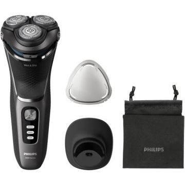 Aparat de ras Philips Shaver Seria 3000 S3343/13, barbierit umed şi uscat, fara fir, capete 5D pivotante si flexibile, lame autoascutire, 60 min, sistem de barbierire anticoroziune, capac de protectie, suport de incarcare (Negru)