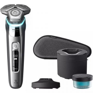 Aparat de ras Philips Shaver Seria 9000 S9975/55, Umed şi uscat, Tehnologie SkinIQ, Capete flexibile 360°, Lame autoascutire, Personalizare prin aplicatie, Senzor Power Adapt, 60 min, Toc de transport (Argintiu/Crom)