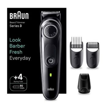 Aparat de tuns barba Braun Beard Trimmer BT3440, Wet&Dry, buton rotativ de precizie, 40 de setari pentru lungime, 1 mini-aparat de ras, 2 piepteni de precizie, autonomie 80 minute (Negru/Gri)