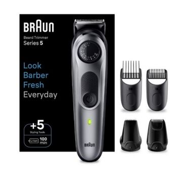 Aparat de tuns barba Braun Beard Trimmer BT5440, Wet&Dry, buton rotativ de precizie, 40 de setari pentru lungime, 1 mini-aparat de ras, 2 capete de tundere, 3 piepteni, autonomie 100 minute (Gri)