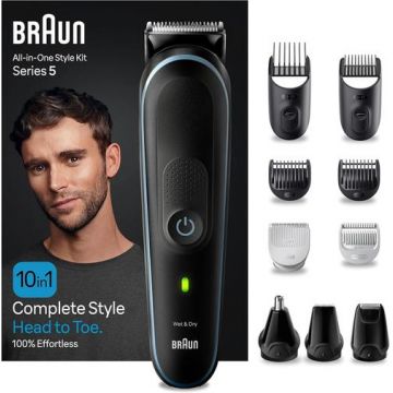 Aparat de tuns multifunctional 10 in 1 Braun MGK5445, Autonomie 100 minute, Trimmer pentru urechi si nas, Trimmer pentru detalii (Negru)