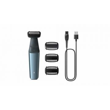 Aparat de tuns/ras corporal Philips seria 3000 BG3027/05, folie protectie piele, autonomie 60 min, timp incarcare 1 ora, functie incarcare rapida 5 minute, 2 x pieptene bidirectional (3 si 5 mm) (Albastru)