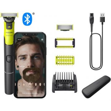 Aparat hibrid de barbierit, ras si tuns Philips OneBlade 360 QP4631/65, pieptene reglabil 5 in 1, Bluetooth, Autonomie 60 min, toc de transport, lama 360 inlocuibila suplimentara (Negru/Verde)