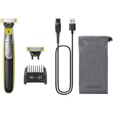 Aparat hibrid de barbierit si tuns barba Philips OneBlade 360 QP2734/31, pieptene reglabil 5 in 1, reincarcabil, umed si uscat, 60 min, USB-A, husa, capac de protectie, lama 360 inlocuibila suplimentara (Verde)