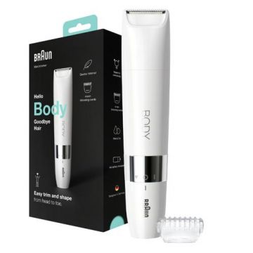 Mini aparat de tuns corporal Braun BS1000 Wet&Dry, cu pieptene de tuns, pe baterii (Alb)