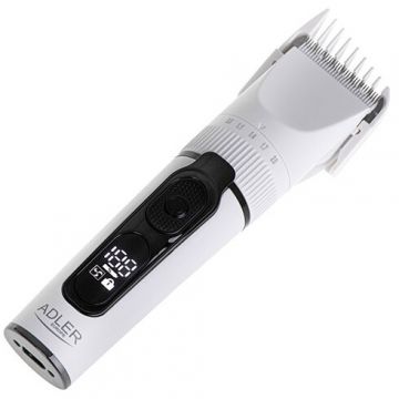 ADLER Aparat de tuns ADLER, ecran LCD, rezistent la apa IPX6, titan cu ceramica, 6 piepteni, multicolor, 2000mAh, Alb