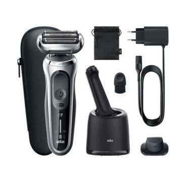 Aparat de ras electric Braun Series 7 71-S7200cc Wet&Dry, 4 elemente de taiere, SensoFlex, AutoSense, Statie de incarcare si curatare Smart Care, Trusa de voiaj (Argintiu)