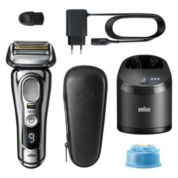 Aparat de ras electric Braun Series 9 Pro 9466CC, Wet&Dry, Autonomie 60 minute, 5 lame, Husa calatorie, Stand incarcare (Crom/Negru)