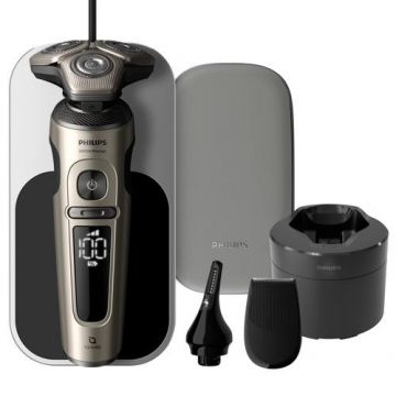 Aparat de ras electric Philips S9000 Prestige Shaver SP9883/36, Statie de curatare, Autonomie 60 minute, Wet&Dry, Ecran integrat (Negru/Auriu)