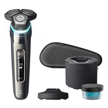 Aparat de ras electric Philips Seria 9000 S9974/55, Capete flexibile 360D, Autonomie 60 minute, Display OLED, Wet&Dry, Invelis Nano SkinGlide, Personalizare in aplicatie, Bluetooth (Crom/Negru)