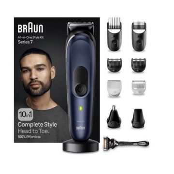 Aparat de ras si tuns Braun 10-in-1 Style Kit MGK7421, Autonomie 100 minute, 13 setari lungime, Rezistent la apa (Albastru)