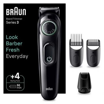 Aparat de tuns barba Braun BT3421, Autonomie 50 minute, 4 instrumente ingrijire, Buton rotativ de precizie (Negru/Verde)