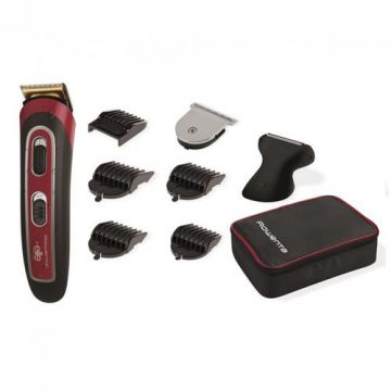 Aparat de tuns Rowenta Structure Precision TN4422F1, Acumulator, Autonomie 60 minute, Pieptene ajustabil 3-7 mm, Accesoriu pentru ras, Lame cu invelis din titan, Rezistent la apa (Negru/Rosu)