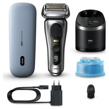 BRAUN Aparat de ras electric Braun Series 9 PRO+ 9577cc, ProLift Trimmer, SensoFlex, AutoSense, Sonic Technology, 40.000 de actiuni de taiere, 5 elemente de taiere, Statie Smart Care 6-in-1, Trusa de voiaj cu functie de incarcare, Argintiu