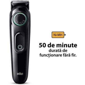 BRAUN Aparat de tuns barba Braun Beard Trimmer BT3411, Wet&Dry, buton rotativ de precizie, 40 de setari pentru lungime, 2 piepteni, autonomie 50 minute, Negru-Verde