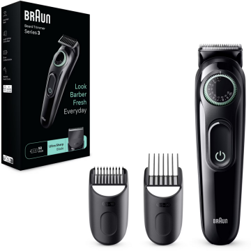 BRAUN Aparat de tuns barba Braun Beard Trimmer BT3411, Wet&Dry, buton rotativ de precizie, 40 de setari pentru lungime, 2 piepteni, autonomie 50 minute, Negru-Verde