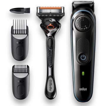 BRAUN Aparat de tuns barba Braun Beard Trimmer BT5340, Wet&Dry, buton rotativ de precizie, 39 de setări pentru lungime, 2 piepteni de precizie, 1 aparat de ras Gillette, 1 incarcator, Negru-Albastru