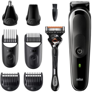 BRAUN Aparat de tuns multifunctional Braun MGK5360 Wet&Dry, 13 de setari pentru lungime, 8 in 1, 4 piepteni, 2 accesorii extra, Aparat de ras Gillette, Saculet de voiaj, Negru-Argintiu