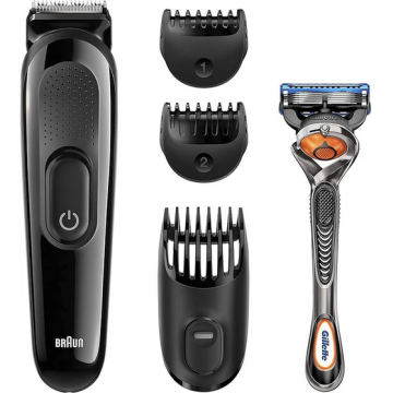 Kit aparat de tuns Braun SK3000 4in1 + Gilette F5 ProGlide, Autonomie 40 minute, 3 piepteni (Negru)