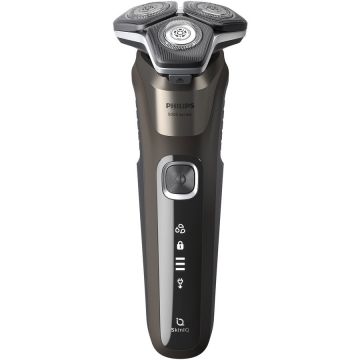 Philips Aparat de barbierit Philips Shaver Seria 5000 S5886/-30, barbierit umed si uscat, tehnologie SkinIQ, fara fir, capete flexibile 360°, display LED, senzor Power Adapt, lame auto-ascutire, lama de tuns integrata, 60 min, toc transport, Maro