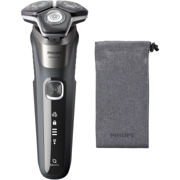 Philips Aparat de barbierit Phipips Shaver Seria 5000 S5887 10, barbierit umed, uscat, tehnologie SkinIQ, fara fir, capete flexibile 360°, display LED, senzor Power Adapt, lame auto-ascutire, lama de tuns integrata, 60 min, husa, Gri carbon