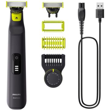 Philips Aparat de ras hibrid, Philips OneBlade Pro, QP6542/15, barbierit, tuns barba si parul corporal, acumulator, 90 minute autonomie, negru