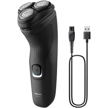 Philips Aparat de ras Philips Shaver Seria 1000 S1141/00, barbierit umed şi uscat, fara fir, capete 4D flexibile, lame autoascutire, 40 min, capac de protectie, Negru