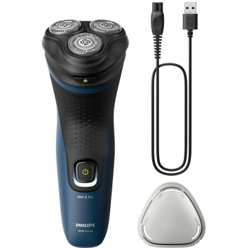 Philips Aparat de ras PHILIPS Shaver Seria 1000 S1151/00, barbierit umed si uscat, fara fir, capete flexibile, lame autoascutire, 40 min, capac de protectie, Albastru-Negru