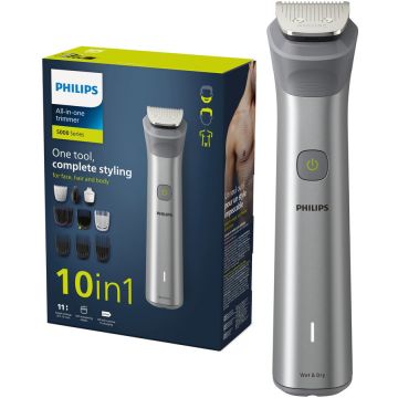 Philips Aparat de tuns barba si parul 10 in 1 PHILIPS Multigroom All in One MG5920 15, tehnologie BeardSense, lame din otel cu auto-ascutire, 11 setari de lungime, Negru Argintiu
