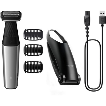 Philips Aparat de tuns/ras corporal PHILIPS BG5021-15 seria 5000, folie hipoalergenica, autonomie 60 minute, timp incarcare 1 ora, functie incarcare rapida 5 minute, 3 x pieptene pentru corp (2, 3, 5 mm), maner pentru spate, Argintiu