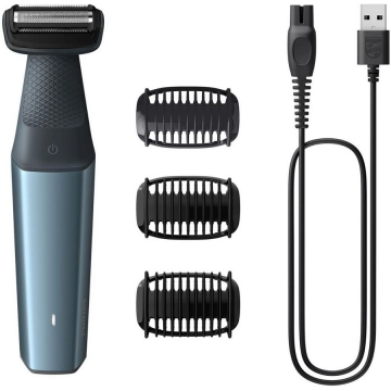 Philips Aparat de tuns/ras corporal PHILIPS seria 3000 BG3027/05, folie protectie piele, autonomie 60 min/ timp incarcare 1 ora, functie incarcare rapida 5 minute, 2 x pieptene bidirectional (3 si 5 mm), Albastru