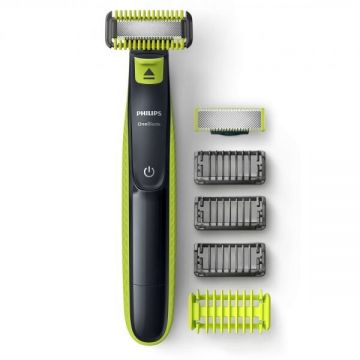 Philips Aparat hibrid pentru barbierit si tuns barba Philips OneBlade Pro Face & Body QP2620/20, 3 piepteni, 1 lama pentru fata, 1 lama pentru corp, Negru/Verde