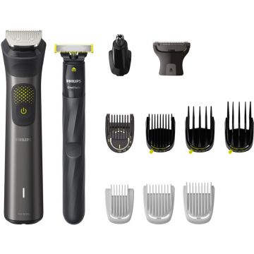 Philips Set OneBlade & Aparat de tuns barba si parul 13 in 1 Philips Multigroom All in One MG9530-15, tehnologie BeardSense si OneBlade, lame din otel cu auto-ascutire, 27 setari de lungime, rezistent la apa, husa, Negru