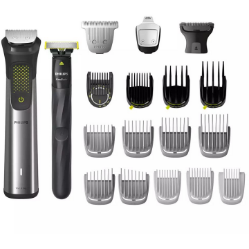 Philips Set OneBlade - Aparat de tuns barba si parul 20 in 1 Philips Multigroom All in One MG9553 15, tehnologie BeardSense si OneBlade, lame din otel cu auto-ascutire, 27 setari de lungime, rezistent la apa, husa, Argintiu