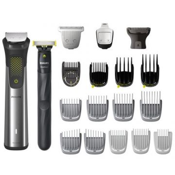 Set OneBlade & Aparat de tuns barba si parul 20 in 1 PHILIPS Multigroom All in One MG9553/15, tehnologie BeardSense si OneBlade, lame din otel cu auto-ascutire, 27 setari de lungime, rezistent la apa, husa (Argintiu)
